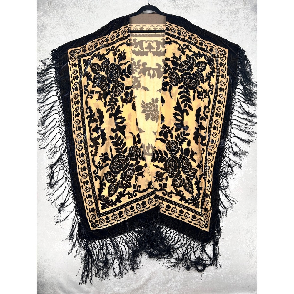 Black Tan Floral Burnout Velvet Kimono Wrap Fringe Shawl One Size Boho Rose